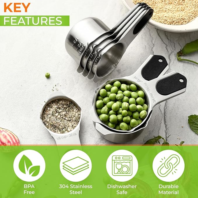 Spring Chef Magnetic Stainless Steel Measuring Cups (Patent Pending), Kitchen Tools with Easy to Read Markings for Measuring Dry or Liquid Ingredients, Set of 7, Black
