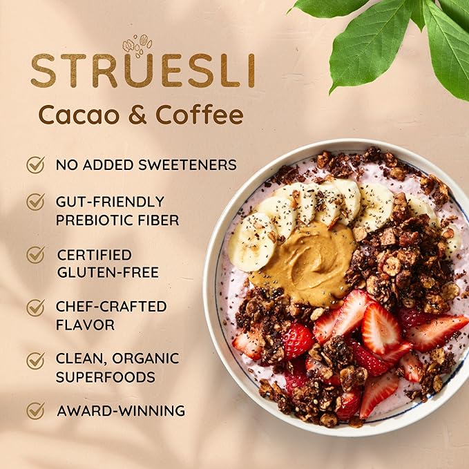 Struesli Cacao + Coffee Organic Granola, Grain & Gluten Free, Healthy Snacks with Cacao, Coffee, Tiger Nuts, Pecans, Walnuts, Hemp Hearts & Coconut Flakes, Plant Based, Keto & Paleo, 9 Oz, 2 Pack