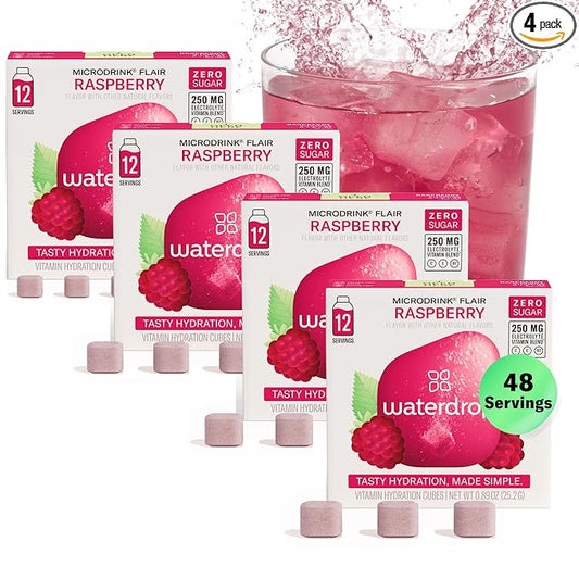Waterdrop Hydration Cubes with Vitamin C, B Vitamins, and Electrolytes, Raspberry Flavor, Flavored Water Enhancer Cubes for Still & Sparkling Water, Low Calorie, Sugar Free Electrolytes, 48 Count