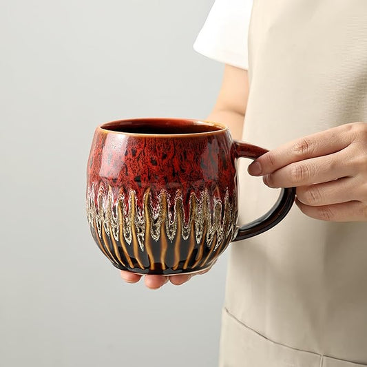 20oz Raku Glaze Coffee Mug - Unique Handcrafted Look Ceramic Cup, Large Tea Mug, Microwave & Dishwasher Safe (red)
