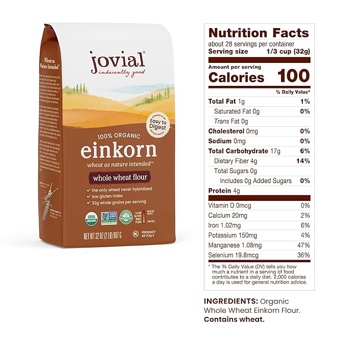 Jovial Organic Einkorn Whole Wheat Flour - Bread Baking Flour for Sourdough, High Protein, Non-GMO, For Organic Pizza & Pasta, European Italian Made, Glyphosate Free - 32 Oz, 4 Pack