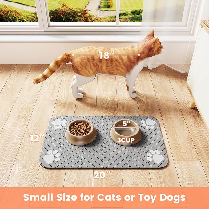 Pet Feeding Mat-Absorbent Pet Placemat for Food and Water Bowl, with Waterproof Rubber Backing, Quick Dry Water Dispenser Mat for Dog and Cat (12"x20", Striped Light Gray)