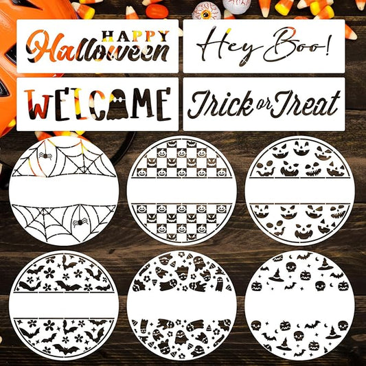 Halloween Stencils for Painting 12inch Large Reusable Halloween Stencil for Door Hanger Round Skeleton Ghost Boo Templates for Wood Walls Windows Door Mat Fabric