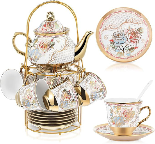 Zhehao 20 Pcs Porcelain Tea Set with Metal Holder and Spoon Adult Ceramic Tea Party Set European Flower Painting Teapot Cup Saucer Spoon Set for Women, Large Version(Minimalist Style)