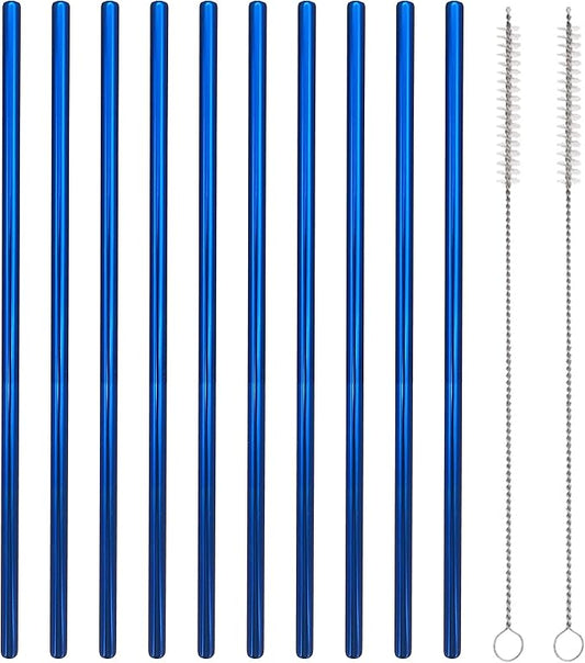 10 Pcs Stainless Steel Straws, Reusable Drinking Straws, Straight Metal Straw Sets with 2 Pcs Cleaning Brushes (10.5 Inch, Blue)
