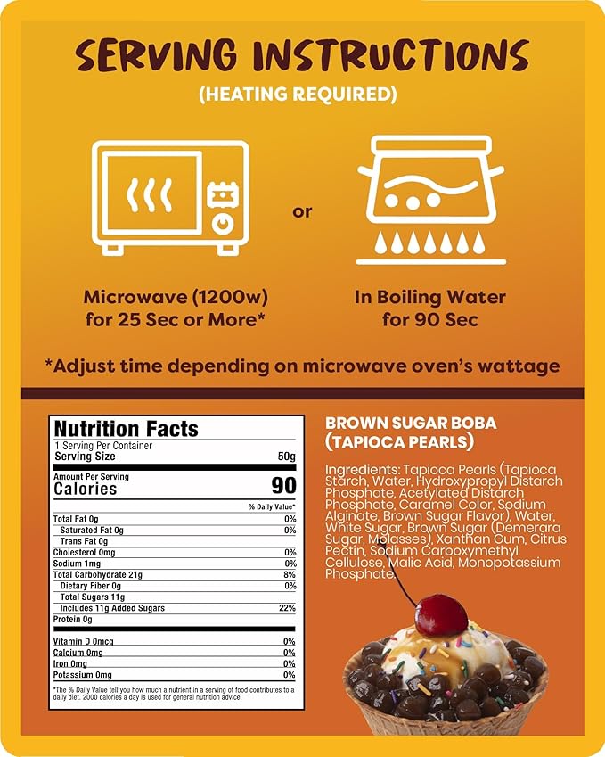 BOBA FIDE Instant Brown Sugar Boba Tapioca Pearls, 12 Packets of Microwavable Black Tapioca Pearls for Boba Bubble Tea, Ready in 25 Seconds, No Corn Syrup, Preservatives & Gluten Free, Vegan