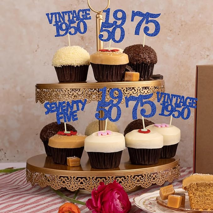 Gyufise 24Pcs Vintage 1950 Cupcake Toppers Glitter Cheers to 75 Fabulous Seventy Five Cupcake Picks 75th Birthday Wedding Anniversary Party Cake Decorations Supplies Deep Blue