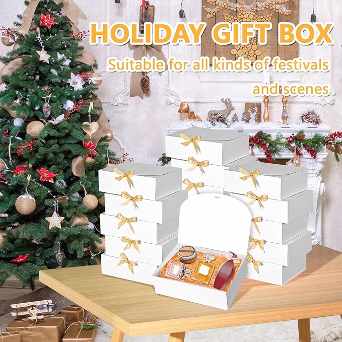 Elegant 12Pack White Gift Boxes with Lids, 12x9.8x3.1 Inch, Ribbon, Wedding, Birthday, Party, Christmas, Bridesmaid Proposal Box