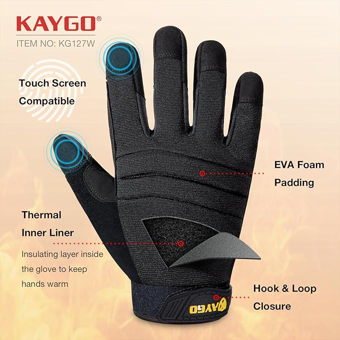 KAYGO Insulated Mechanic Work Gloves,KG127W Winter Thermal Safety Work Gloves for Men and Women, Double Lining,Heavy duty,Improved dexterity,Excellent Grip,Ideal for outdoor jobs,M