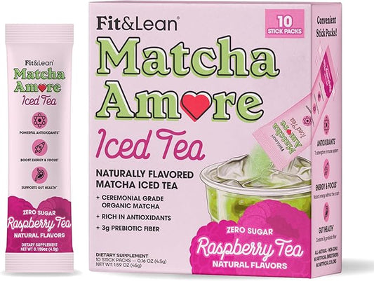 Fit & Lean Matcha Amore Iced Tea, Organic Ceremonial Grade Matcha Green Tea, Prebiotic Fiber, L-Theanine, Naturally Sweetened, NON-GMO, Zero Sugar, Raspberry Iced Tea, 10 Stick Packs