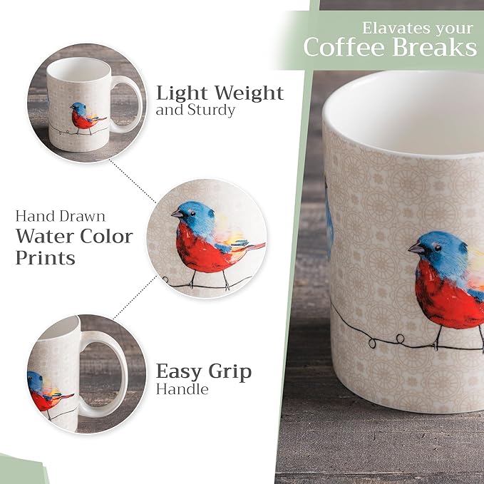 Maison d' Hermine Coffee Mug with Handles Fine Bone China Mugs Pack of Two Tea Cups for Hot Beverages Cappuccino Latte Home Restaurant Office Perfect for Gift (Birdies On Wire, 15 Ounce)