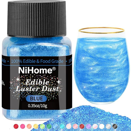 NiHome Edible Food-Grade Glitter Powder Glimmer Luster Dust Metallic Fancy Food Decorating Sprinkle Glimmery Dust for Drink Wine Beverage Cake Bakery Vegan Allergen-Free (Blue, 0.35oz/10g)