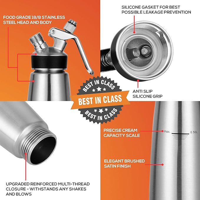 OCTANDRA 304 Stainless Steel Whipped Cream Dispenser 500mL/1 Pint Whip Cream Canister Maker Commercial Grade Whipping Siphon Cream Whipper with 3 Decorating Tips, 4 Injector Tips & Charger Holder
