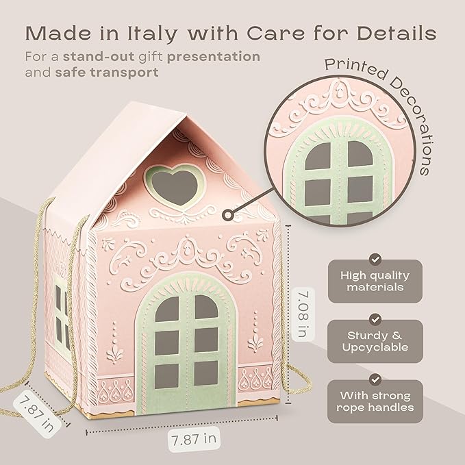 Pack of 5 House Shaped Gift Boxes (7.87 x 7.87 x 7.08 inch) - Mansion Ideal for Presents and for Treats - Fairy Light Pink