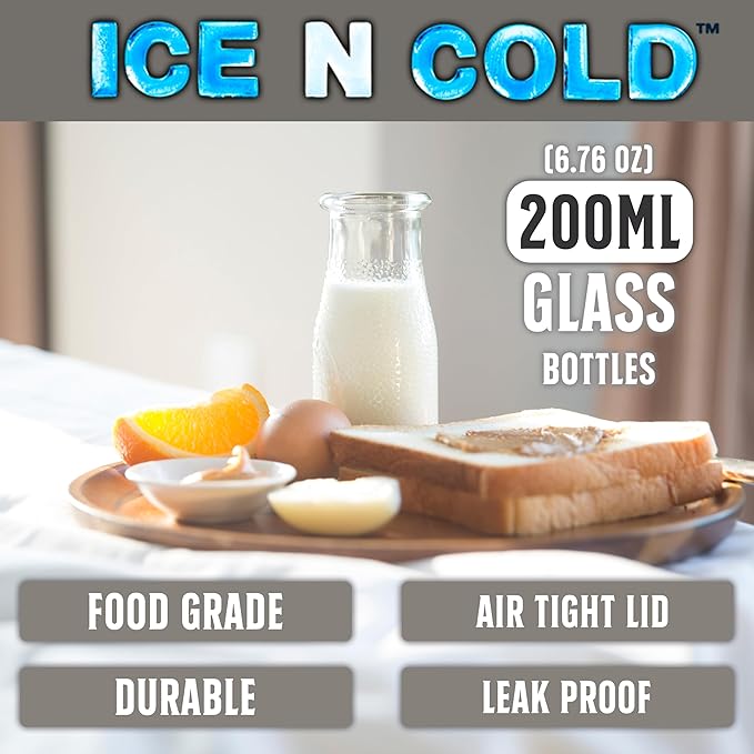 6.76 oz / 200ml Vintage Glass Bottle with Leakproof Clear Lid, Reusable & Eco-Friendly – Ideal for Milk, Juices, Smoothies, Infused Water, BPA-Free Glass Bottle (12-Pack)