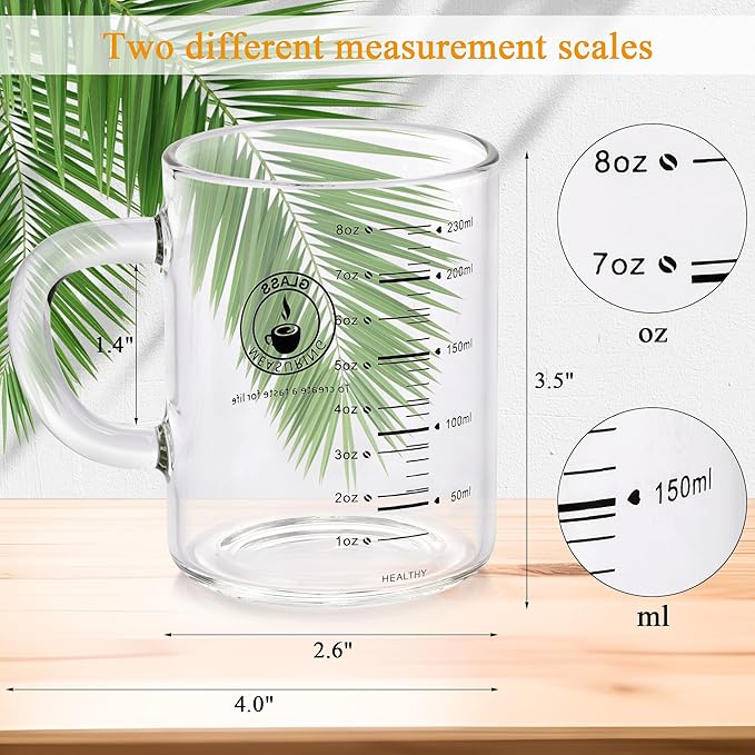 2 Piece Expresso shots cup,Glass measuring cup,8 Oz Glass Measuring Cup,Tea Glass Cups withHandles,Glass Coffee Cups for Latte(Colorful-2pcs)