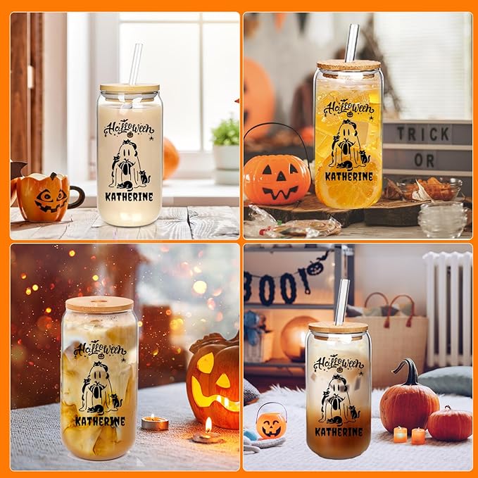 Personalized Halloween Tumbler-Boo Basket Stuffers- Can Shaped Glass with Lids and Straws18OZ -Halloween Gifts for Friend Son Daughter