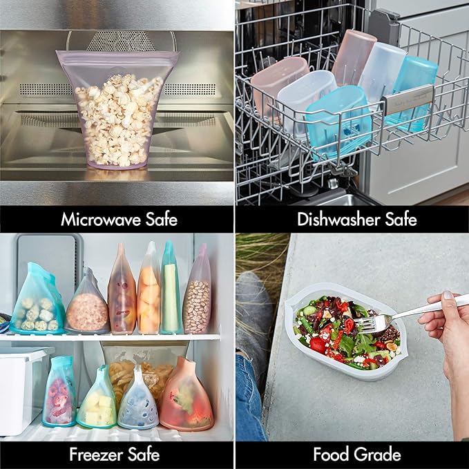 Zip Top Reusable Food Storage Bags | 3 Cup Set [Lavender] | Silicone Meal Prep Container | Microwave, Dishwasher and Freezer Safe | Made in the USA