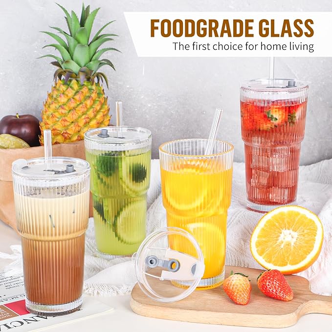 20 oz Glass Cup with Lid and Straw, Glass Tumbler with Straw and Lid, Vintage Glassware for Whiskey Cocktail Beer, Iced Coffee Cups with Lid (3 PACK)