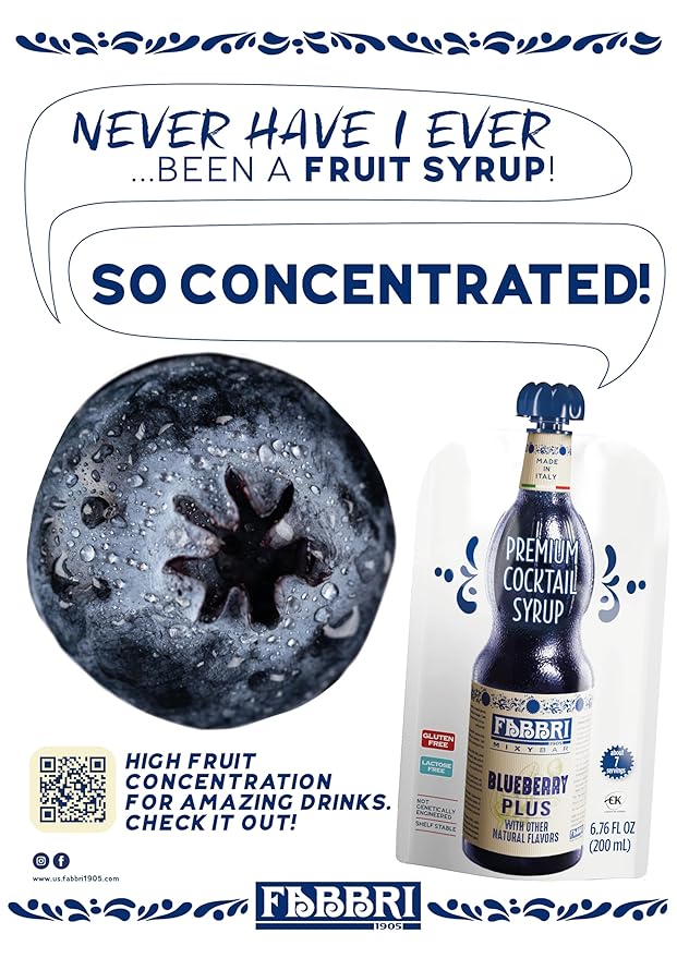 Fabbri Premium Italian Fruit Syrup, Blueberry, Natural Ingredients, Non-GMO, Gluten Free, ideal for Cocktails, Mocktails, Smoothies & Sodas, Made in Italy, squeezable pouch of 6.76 fl oz (200ml)