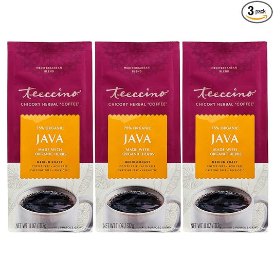 Teeccino Java Chicory Coffee Alternative - Ground Herbal Coffee That’s Prebiotic, Caffeine Free & Acid Free, Medium Roast, 11 Ounce (Pack of 3)