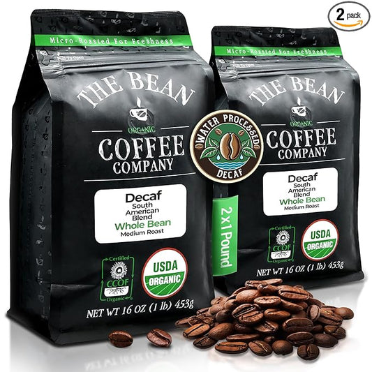 The Bean Organic Coffee Company Water Processed DECAF South America Blend, Medium Roast, Whole Bean Coffee, 16-Ounce Bags (Pack of 2)
