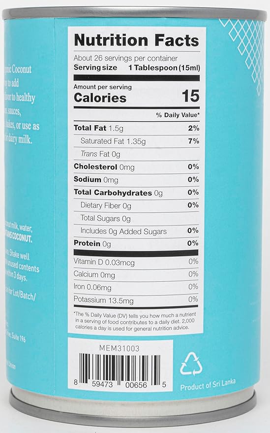 Mementa Inc Organic Lite Coconut Milk 9% Fat, Vegan, Plant-Based, Lactose-Free, 13.5 Fl Oz (Pack of 3) - Premium Organic Milk Alternative with Coconut Cream Richness