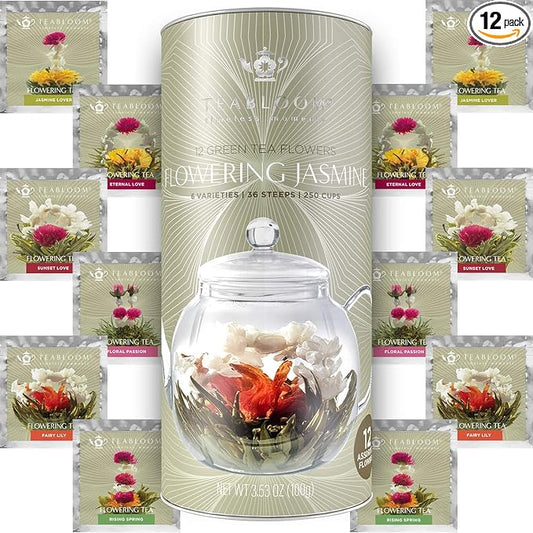 Teabloom Jasmine Flowering Tea – Hand Tied Green Tea Leaves + Jasmine Blossoms Flowering Tea Creations – Blooming Tea Gift Set – 12-Pack, 36 Steeps, Makes 250 Cups
