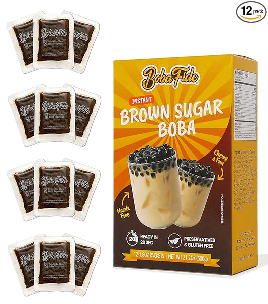 BOBA FIDE Instant Brown Sugar Boba Tapioca Pearls, 12 Packets of Microwavable Black Tapioca Pearls for Boba Bubble Tea, Ready in 25 Seconds, No Corn Syrup, Preservatives & Gluten Free, Vegan