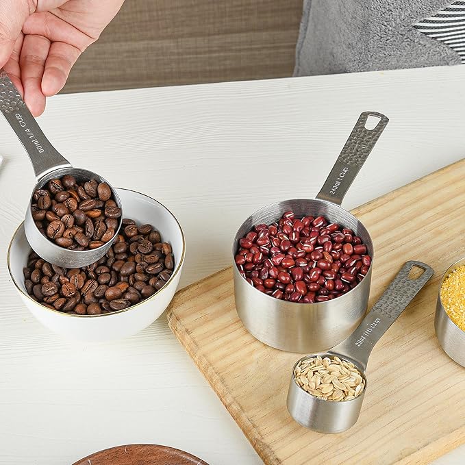 Measuring Cups and Spoons Set, 18/8 Stainless Steel Measuring Tools for Baking & Cooking, 4 Kitchen Measuring Cups and 5 Metric Measuring Spoons with Leveler for Liquid & Drying