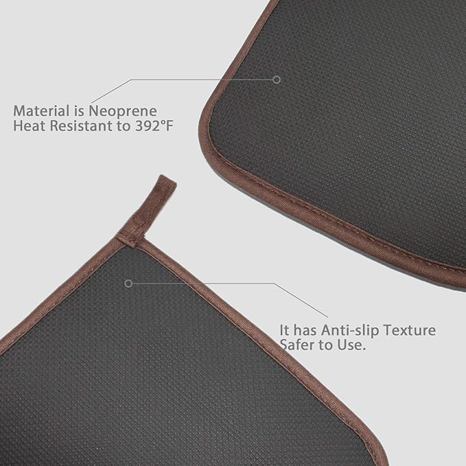 Cotton and Neoprene Oven Pads Pot Holders with Pocket 8"x8.5" Dual-Function Hot Pad Set for Finger Hand Wrist Protection Heat Resistant to 428°F Brown