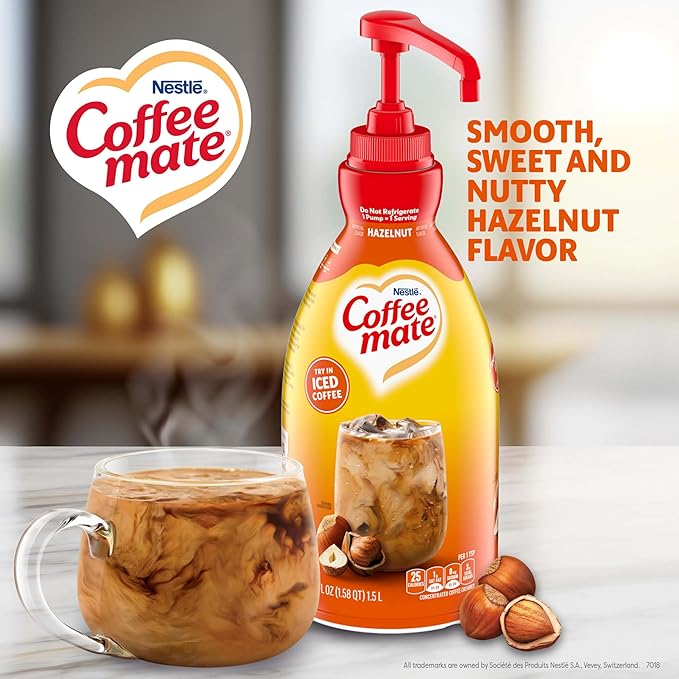 Nestle Coffee mate Coffee Creamer, Hazelnut, Concentrated Liquid Pump Bottle, Non Dairy, No Refrigeration, 50.7 fl oz (Pack of 2)