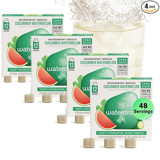 Waterdrop Hydration Cubes with Vitamin C, B Vitamins, and Electrolytes, Cucumber Watermelon Flavor, Flavored Water Enhancer Cubes for Still & Sparkling Water, Low Calorie, Sugar Free, 48 Count