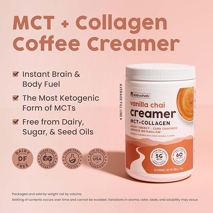 NativePath Keto Coffee Creamer Powder Vanilla Chai — Keto-Friendly, Non-Dairy & Low Sugar Creamer. Made with Grass-fed Collagen Protein Powder, MCT Oil & Monk Fruit. Soy & Gluten Free (7.1 OZ)