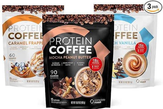 Complete Roast 3-Pack Caramel Frappe, Iced Coffee, and Vanilla (Mocha Peanut Butter, Caramel Frappe, & French Vanilla)