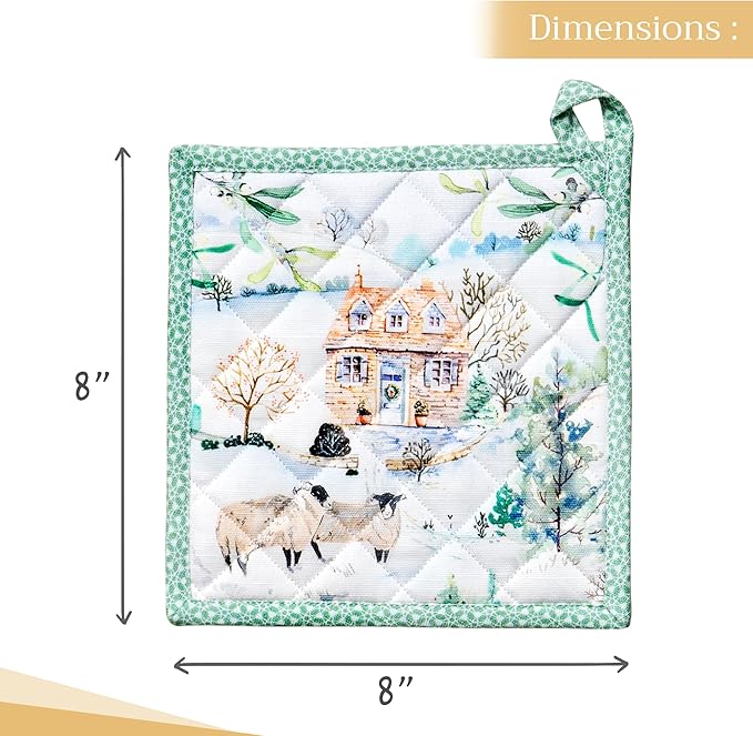 Maison d' Hermine Pot Holders 100% Cotton Heat Resistant Potholders 8" x 8" Hot Pads with Loop BBQ, Cooking, Baking, Grilling, Kitchen, Handling Hot Pans (Pack of 1, Snowy World)