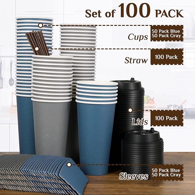 LITOPAK 100 Pack 20 oz Disposable Paper Coffee Cups with Lids, Sleeves and Stirring Sticks for Hot Coffee, Water or Juice, Blue and Gray Hot Paper Cups for Cafes, schools, offices, shops