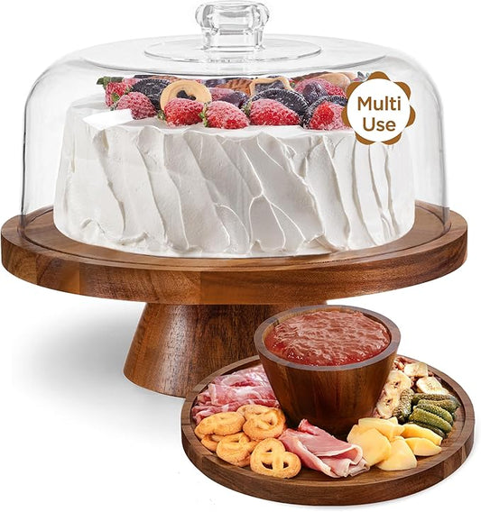 HBlife Cake Stand with Lid (11.4"), Multifunctional Cake Stand with Acrylic Dome, Acacia Wood 6-in-1 Cake Plate Display Stand with Cover for Baking Gifts, Birthday Kitchen Parties, Weddings