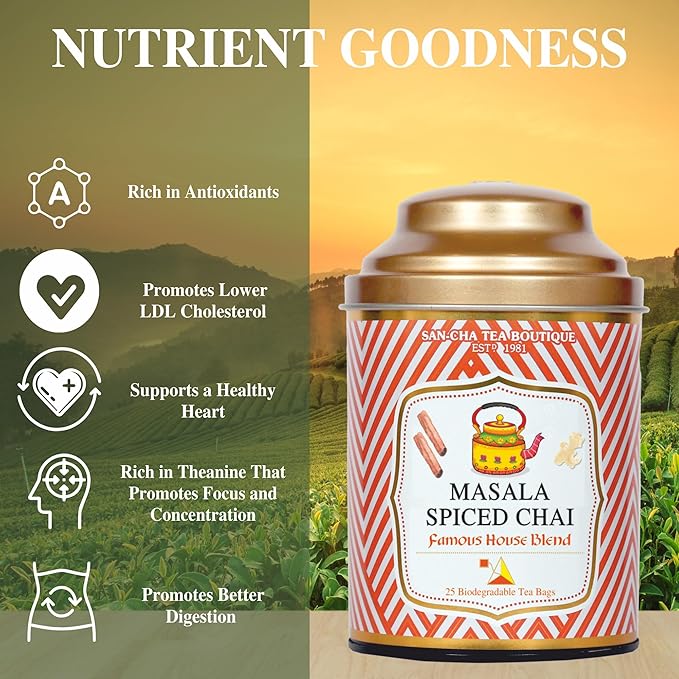 Sancha Tea Boutique, Masala Chai, Spiced Tea, 25 Pyramid Bags, India’s Famous Chai, Blend of Cinnamon, Ginger & Cardamom