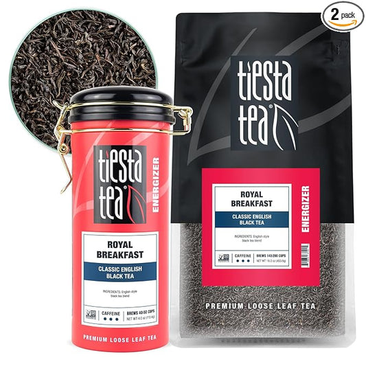 Tiesta Tea - Royal Breakfast, Loose Leaf, Classic English Black Tea, Premium High Caffeine Blend, Make Hot or Iced & Brews Up to 250 Cups, 16oz Bulk Pouch & 4oz Refillable Tin Combo