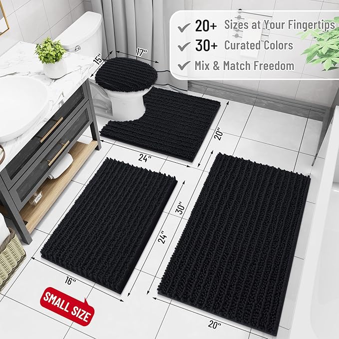 Arotive Luxury Chenille Bathroom Rug Mat, Extra Soft Thick Absorbent Shaggy Bath Rugs, Non-Slip Machine Wash Dry, Plush Bath Mats for Bathroom, Shower and Tub, 47x17, Black