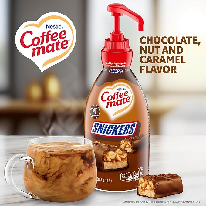 Nestle Coffee mate Coffee Creamer, Snickers, Concentrated Liquid Pump Bottle, Non Dairy, No Refrigeration, 50.7 fl oz (Pack of 2)