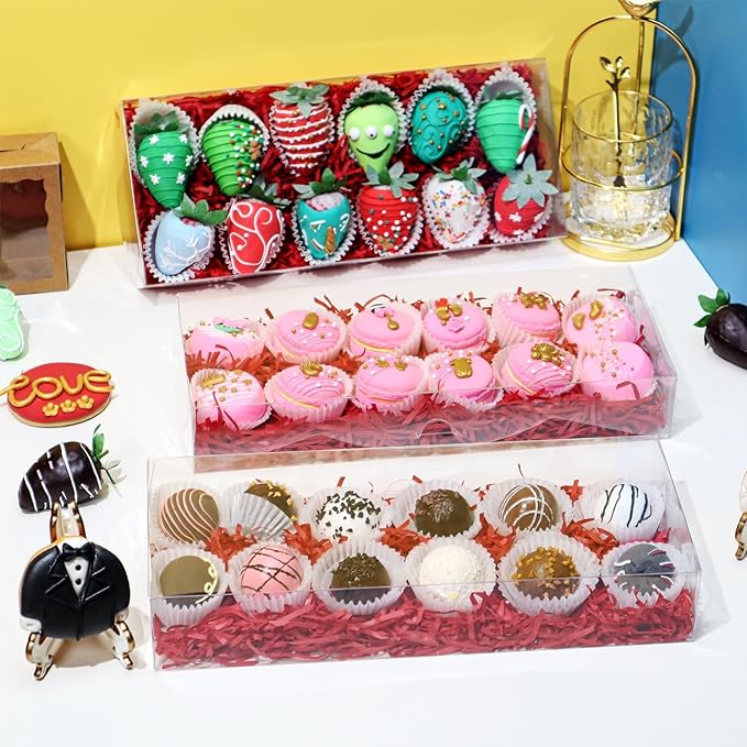 12PCS 12x5x2 Inches Clear Valentines Strawberry Boxes Cookie & Gift Boxes for Party Favors