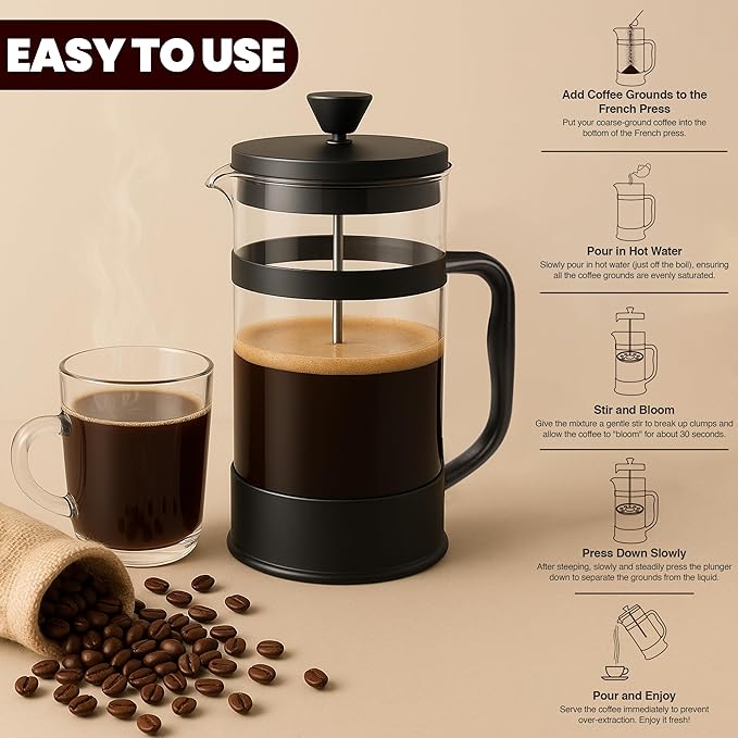 Utopia Kitchen 34 Ounce 1 Liter French Press Coffee Maker, Tea Maker, Travel Coffee Presses, Heat Resistant Thickened Borosilicate Coffee Pot for Camping Travel Gifts, Black Pack of 1