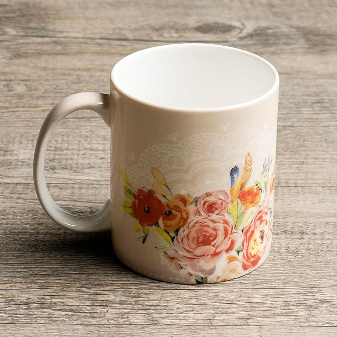 Maison d' Hermine Coffee Mug with Handles Fine Bone China Mugs Pack of One Tea Cups for Hot Beverages Cappuccino Latte Home Restaurant Office Perfect for Gift (Ibiza - Beige - Feather, 12 Ounce)