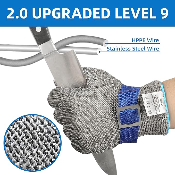 Schwer SlicePro ANSI A9 Cut Resistant Glove PR1707, Food Grade Stainless Steel Wire Metal Gloves, Cutting Gloves for Kitchen, Meat Cutting, Oyster Shucking, Fish Fillet, Non-PFAS（M, 2 PCS）