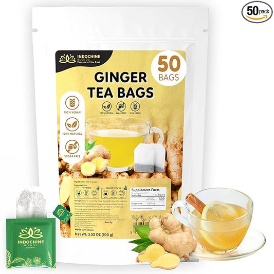 Indochine Blends, Ginger Tea Bags, 50 Teabags, 2g/bag, Individually Wrapped Envelopes, Caffeine-free, No Sugar, Healthy Belly Herbal Tea Supports Digestion & Boosts the Immune System