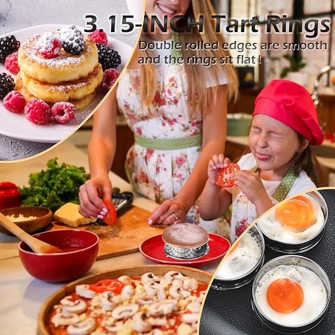 8 Pieces English Muffin Rings Crumpet Rings 3.15 Inch Stainless Steel Double Rolled Tart Ring Nonstick Metal Round Ring Mold for Kitchen Cooking Baking