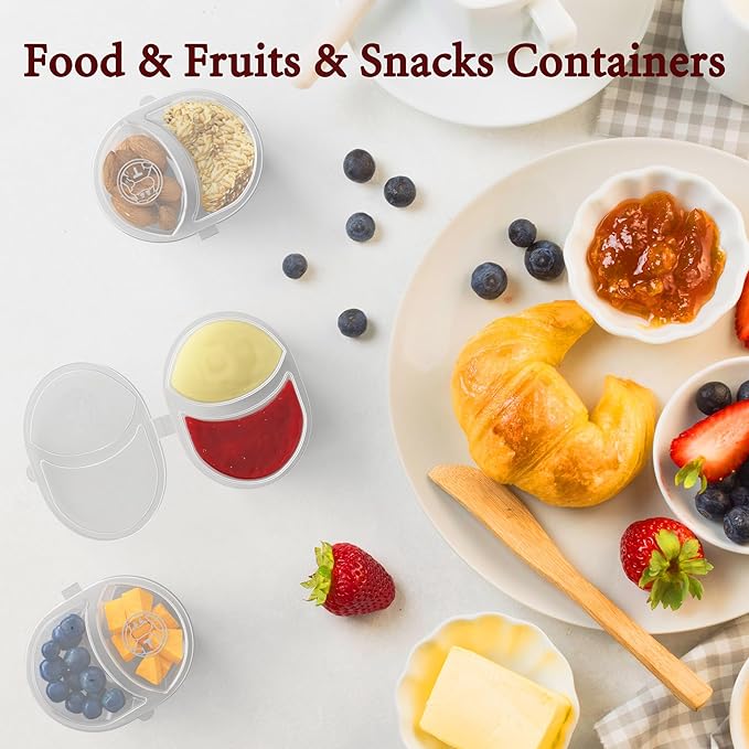 20pcs Reusable Snack Containers with Lids, 2 Compartment Snack Pack Containers for Fruits Candy Sauce Spices