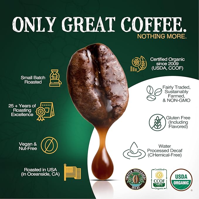 The Bean Organic Coffee Company Water Processed DECAF South America Blend, Medium Roast, Ground Coffee, 16-Ounce Bag, Café Molido Tostado Orgánico descafeinado